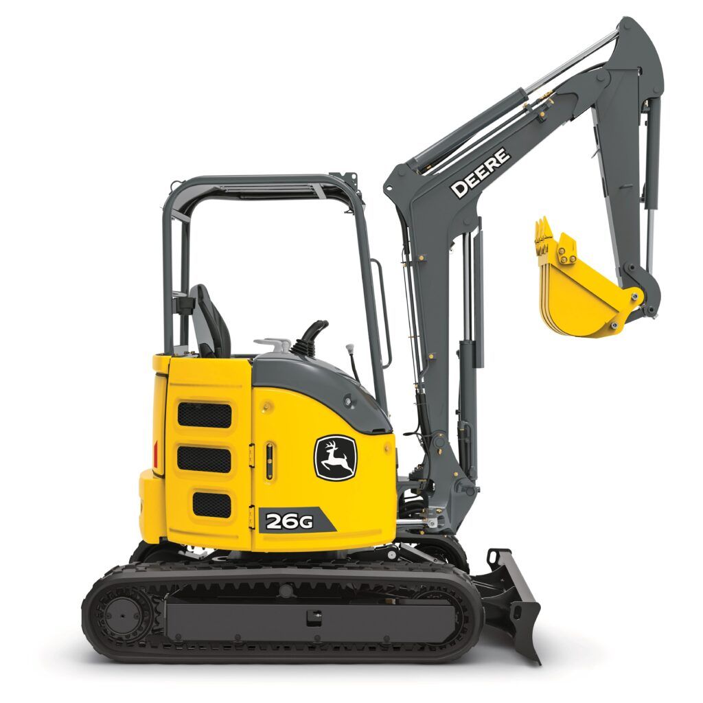 A yellow and gray excavator with a yellow bucket on a white background.