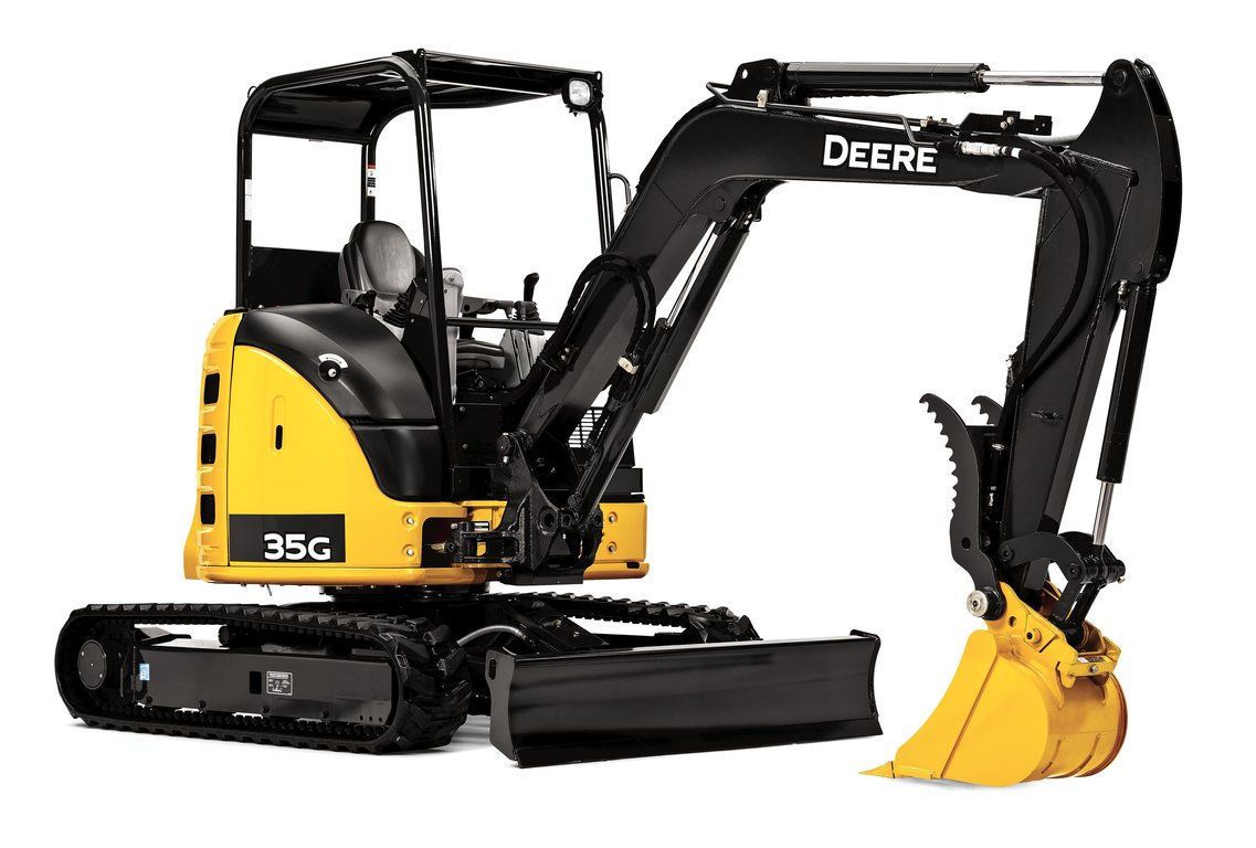 A yellow and black excavator with a yellow bucket on a white background.