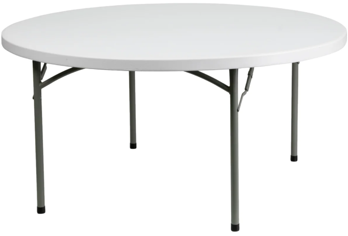A round table with a white top and grey legs on a white background.