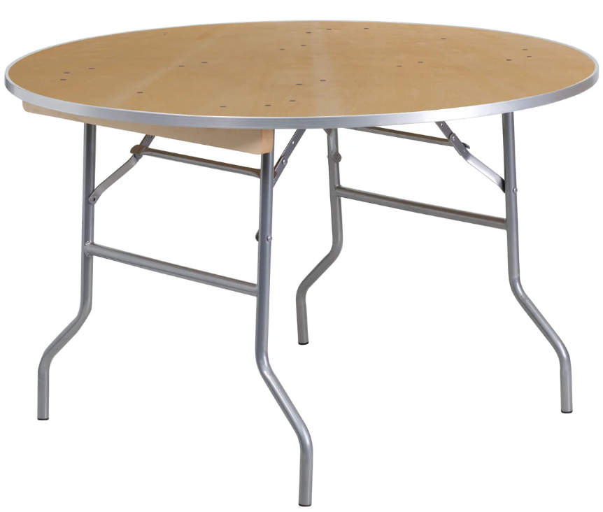 A round table with a wooden top and metal legs