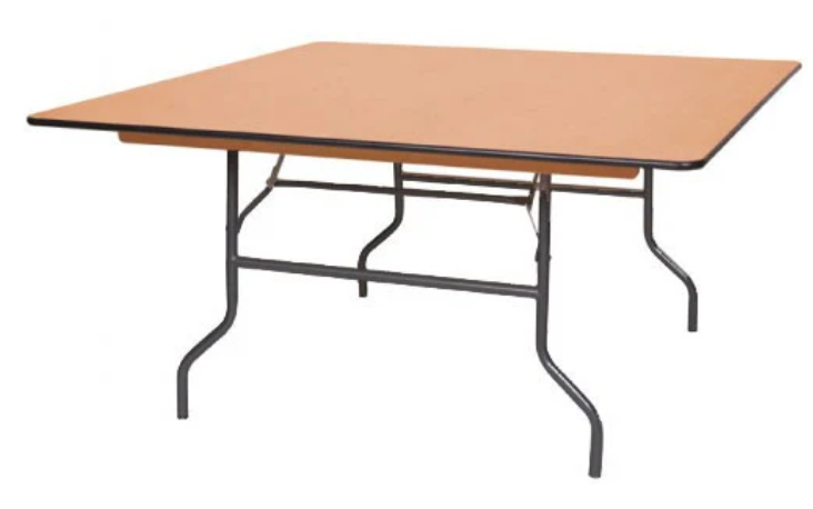 A wooden table with metal legs on a white background