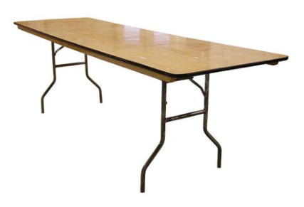 A long wooden folding table with metal legs on a white background