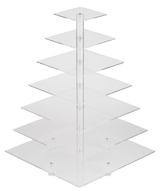 A clear acrylic cupcake stand with six shelves