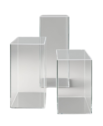Three clear acrylic boxes are stacked on top of each other on a white background.