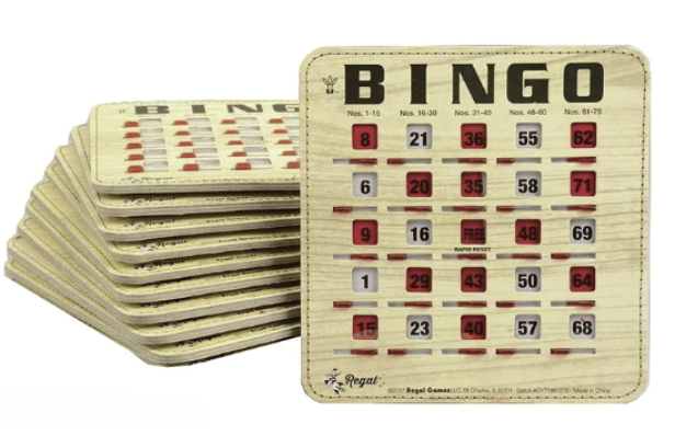 A stack of wooden bingo cards on a white background