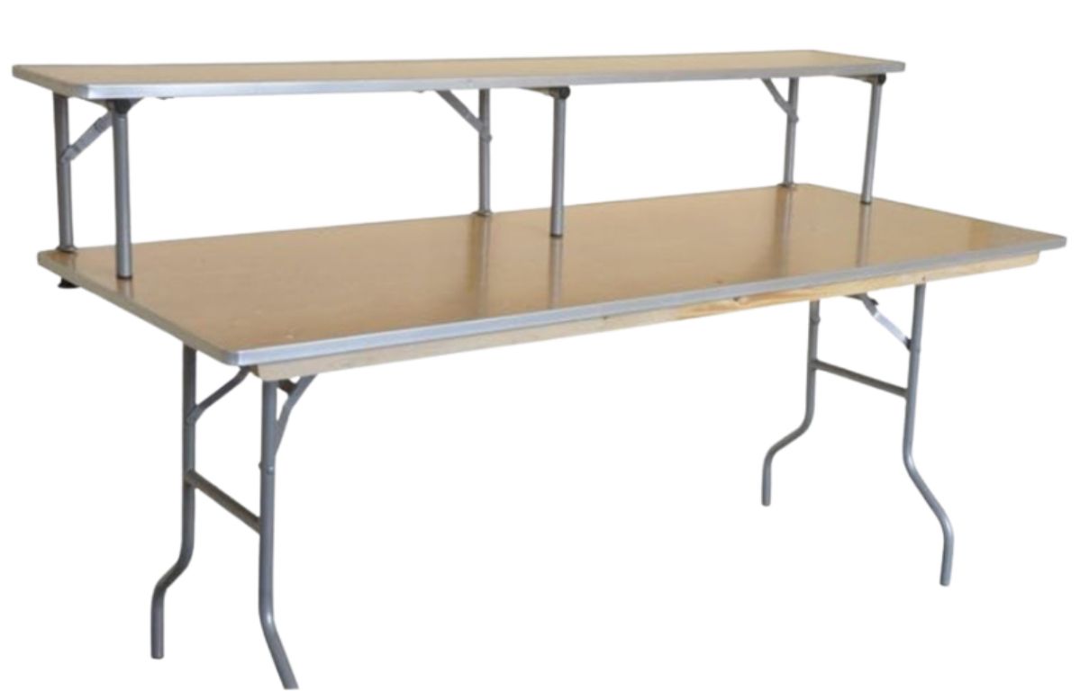A folding table with a wooden top and a metal frame
