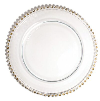 A clear glass plate with gold beads around the edge on a white background.