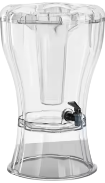 A clear plastic beverage dispenser with a black tap.
