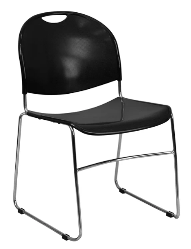 A black chair with a chrome frame on a white background.