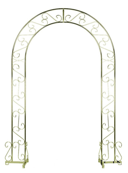 A wrought iron arch with a white background