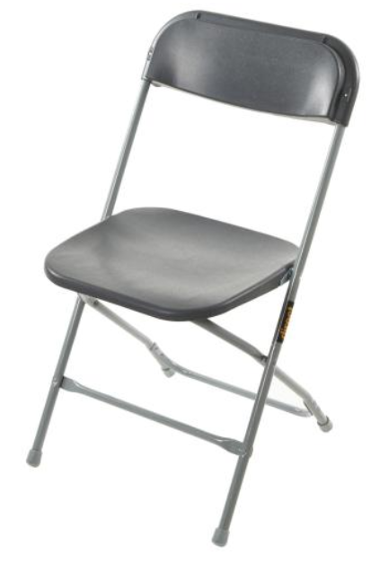 A black folding chair with a metal frame on a white background.