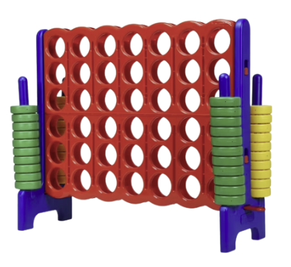 A red and blue connect four game with a bunch of rings attached to it