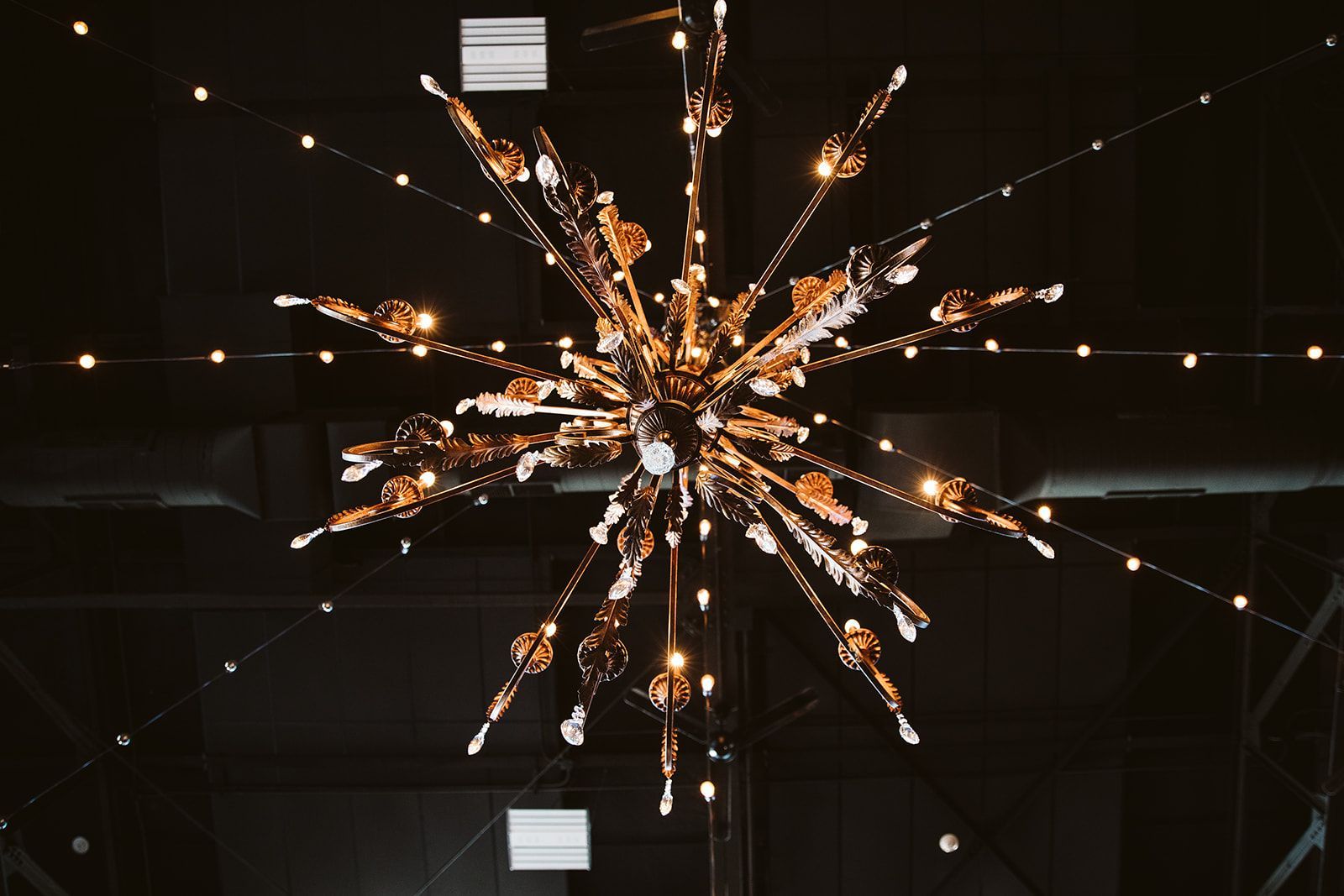 A large chandelier is hanging from the ceiling in a dark room.