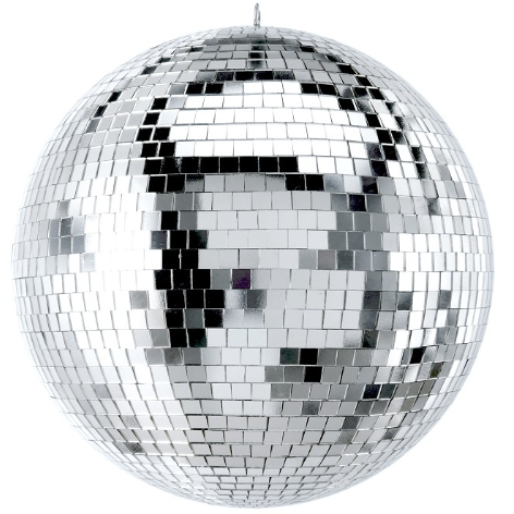A disco ball with a reflection of a person 's face on it.