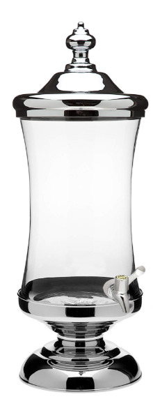 A clear glass jar with a black lid and a stainless steel base.