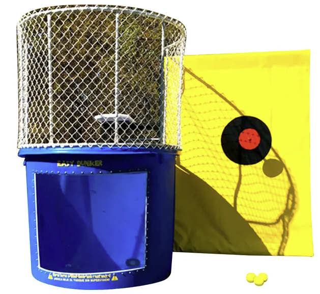 A blue dunking bucket with a yellow target behind it