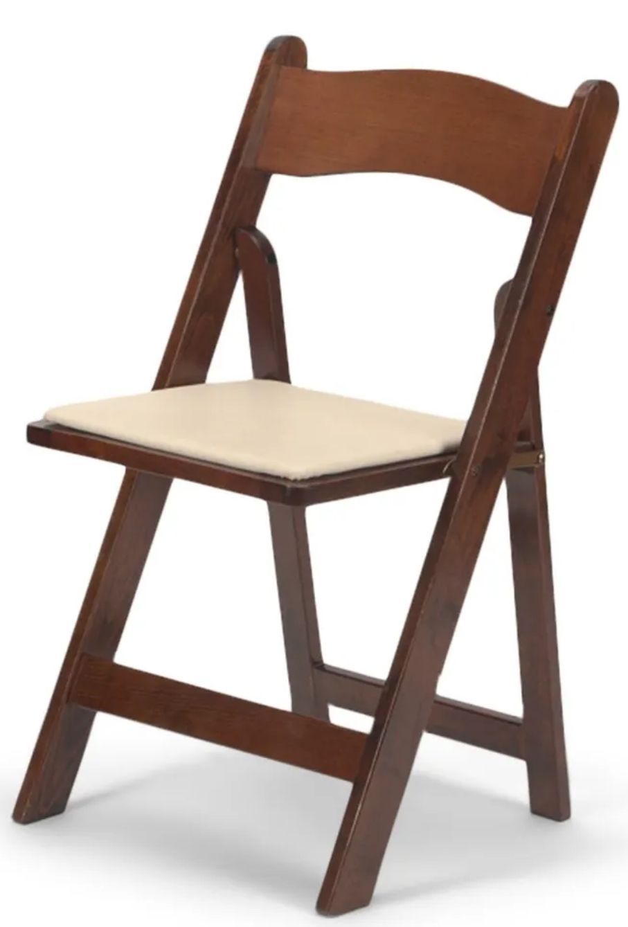 A wooden folding chair with a white cushion