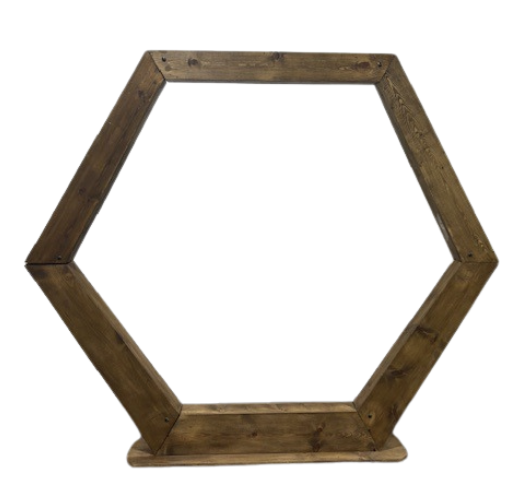 A wooden frame in the shape of a hexagon
