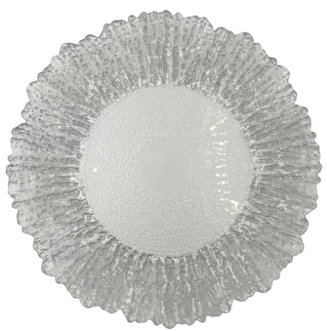 A clear glass plate with a silver rim on a white background
