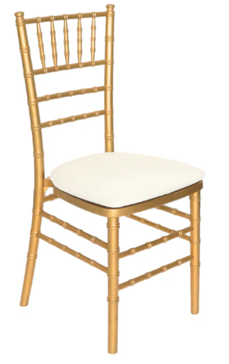 A gold chair with a white cushion on a white background