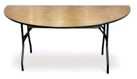 A half round wooden table with black legs on a white background