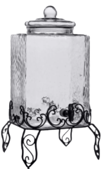 A glass jar with a lid on a metal stand