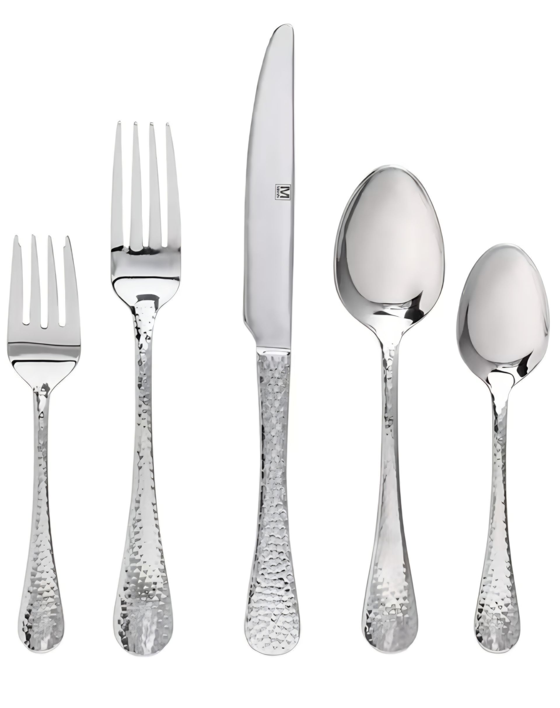 a set of hammered silver flatware