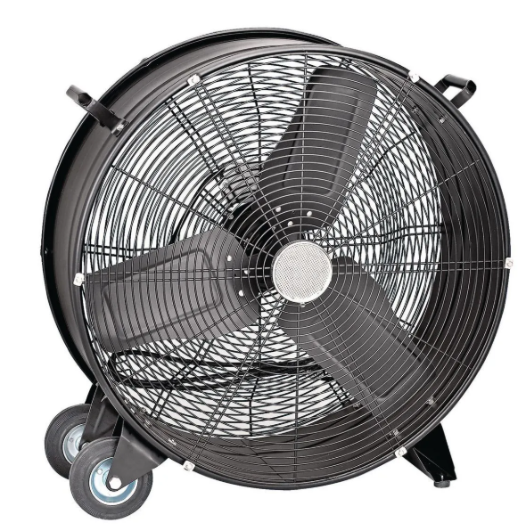 A large black fan with wheels on a white background