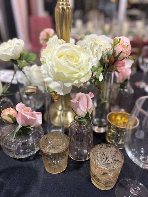 A table with flowers and candles on it