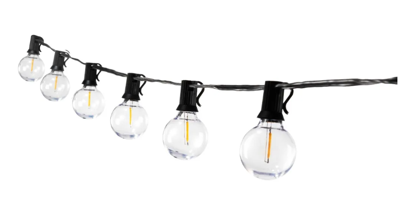A string of lights with clear bulbs on a white background.