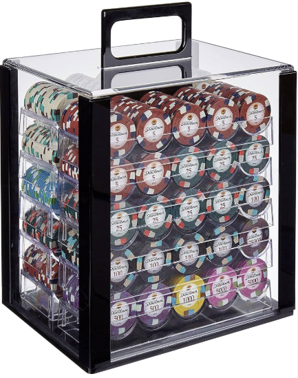 A clear container filled with poker chips with a handle.