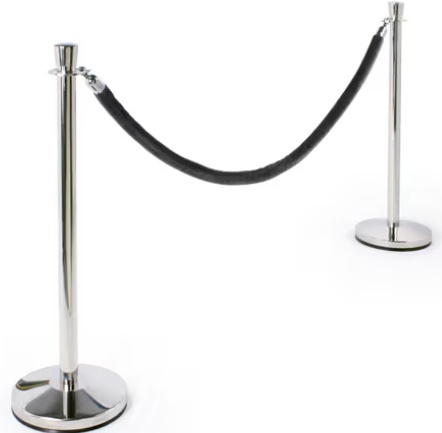 A silver pole with a black rope attached to it
