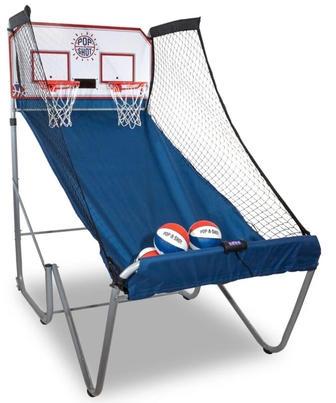 A basketball game with two balls and a net