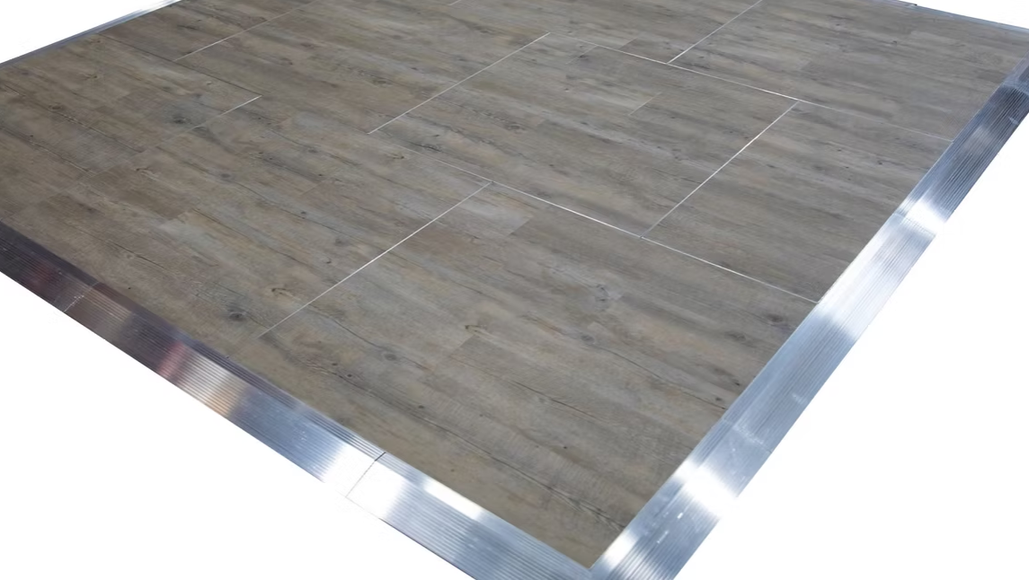 A wooden dance floor with a silver border on a white background.