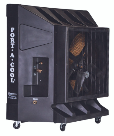 A black porta cool air cooler with wheels