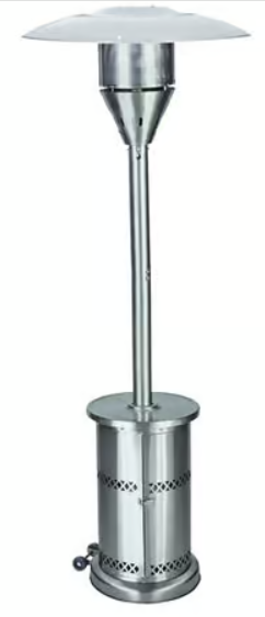 A stainless steel patio heater on a white background