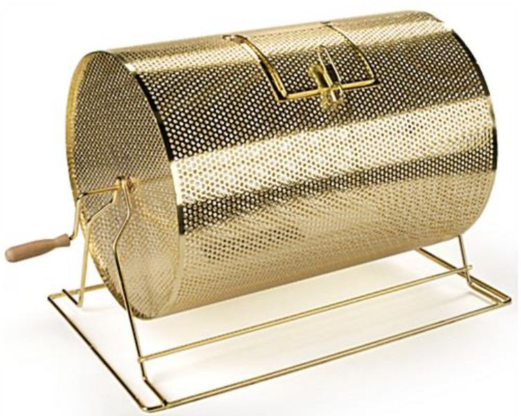 A gold barrel with a wooden handle on a white background.