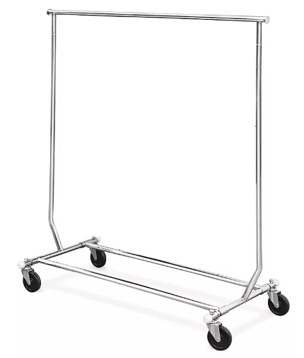 A stainless steel clothes rack with wheels on a white background.