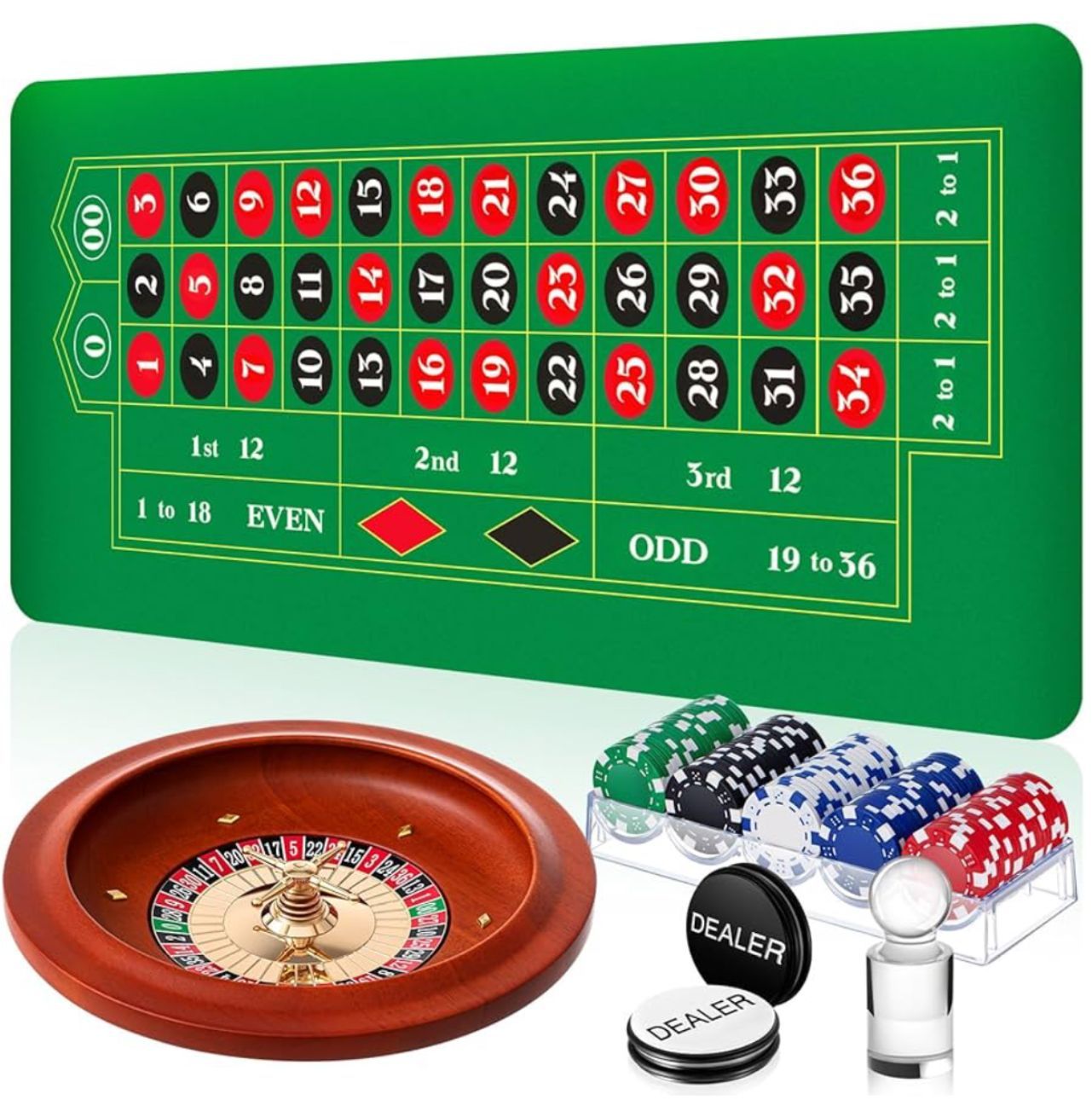 A roulette table with a roulette wheel and chips