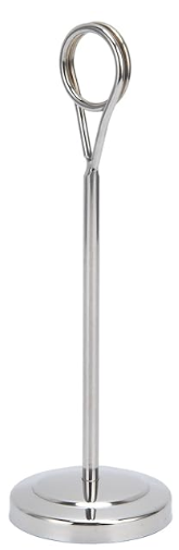 A stainless steel napkin holder with a round base on a white background.