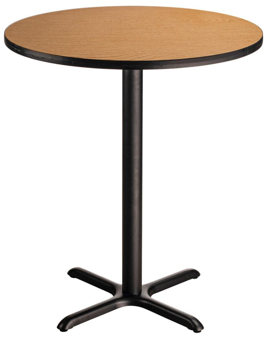 A round table with a black base and a wooden top