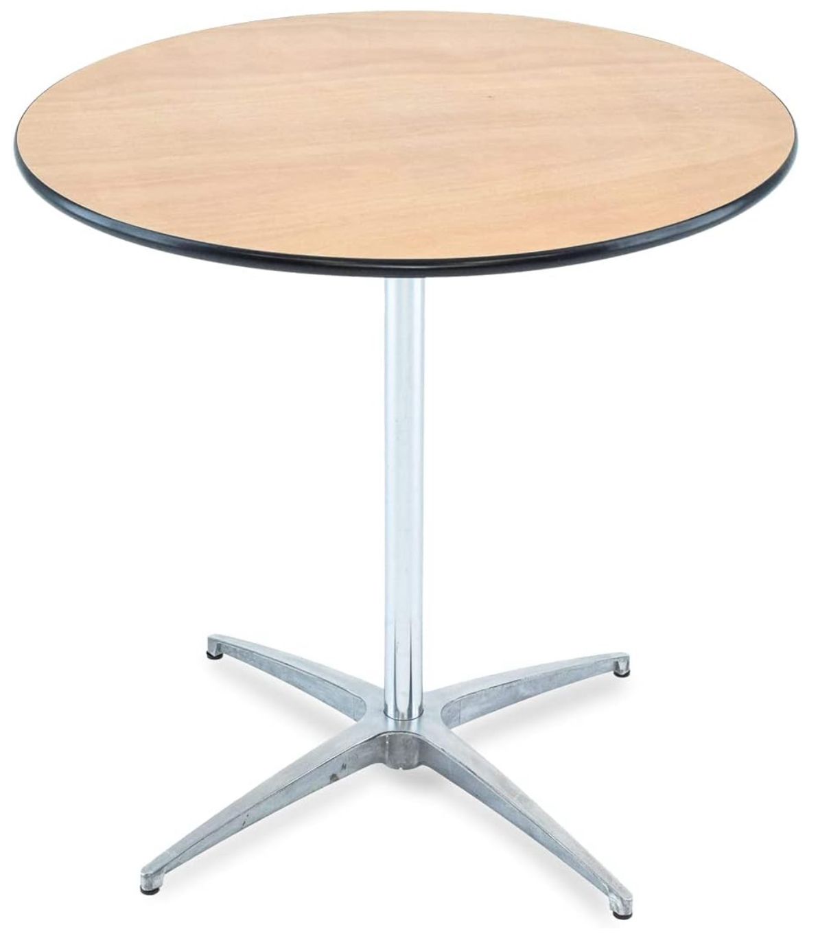 A round wooden table with a metal base on a white background