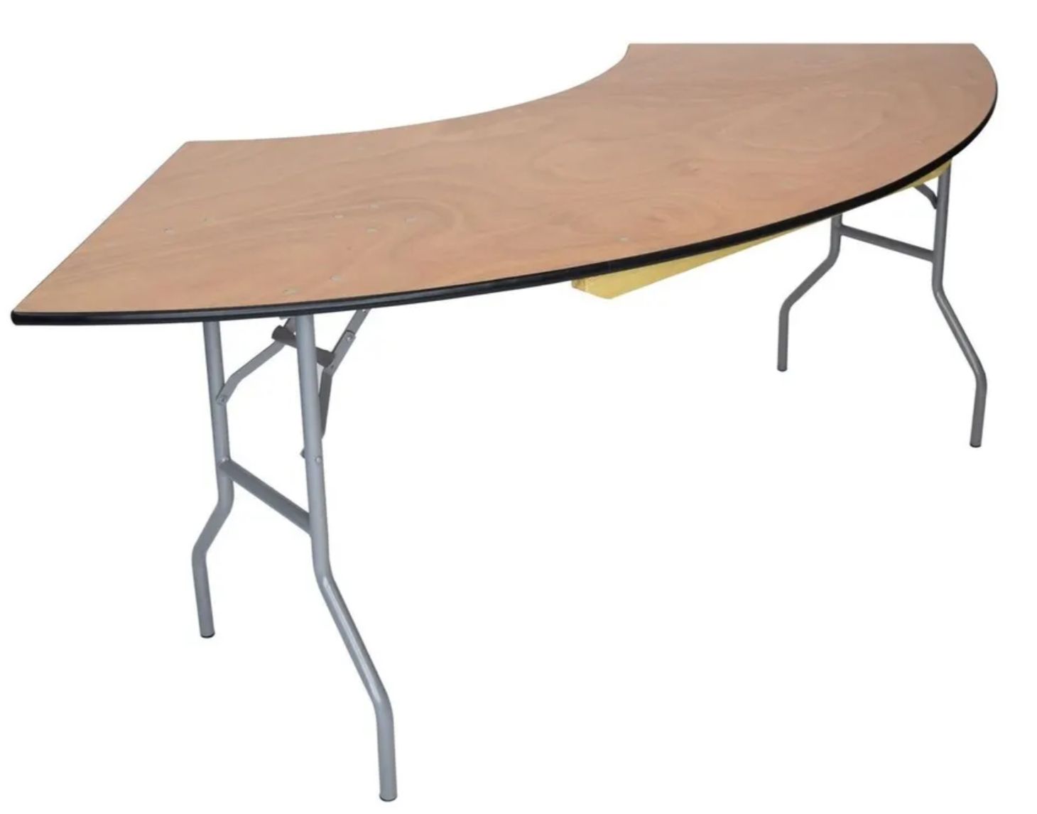A curved wooden table with metal legs on a white background