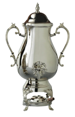 A silver teapot with a black lid and handles