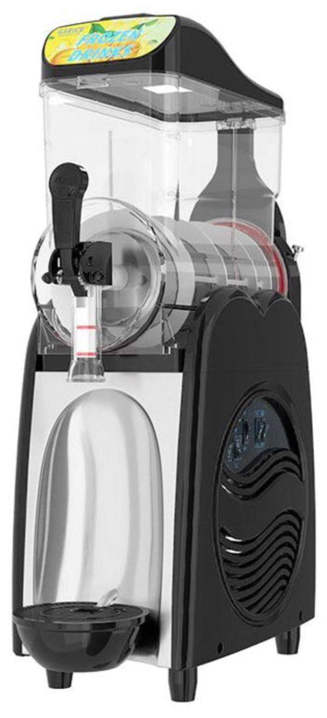 A slush machine is sitting on a table on a white background.