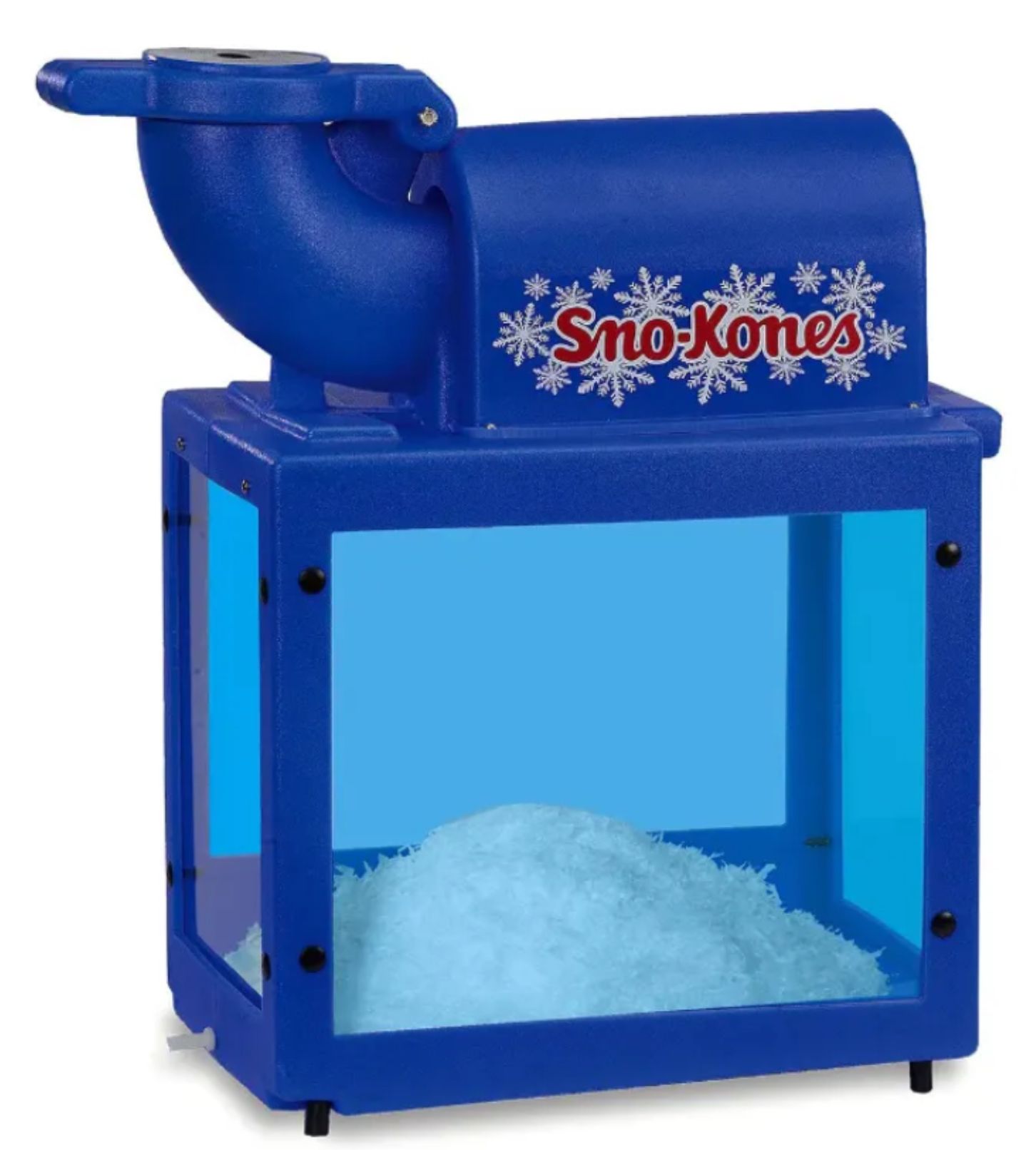 A blue snow cone machine with snowflakes on it