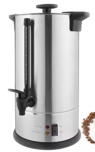 A stainless steel coffee percolator with a handle on a white background.