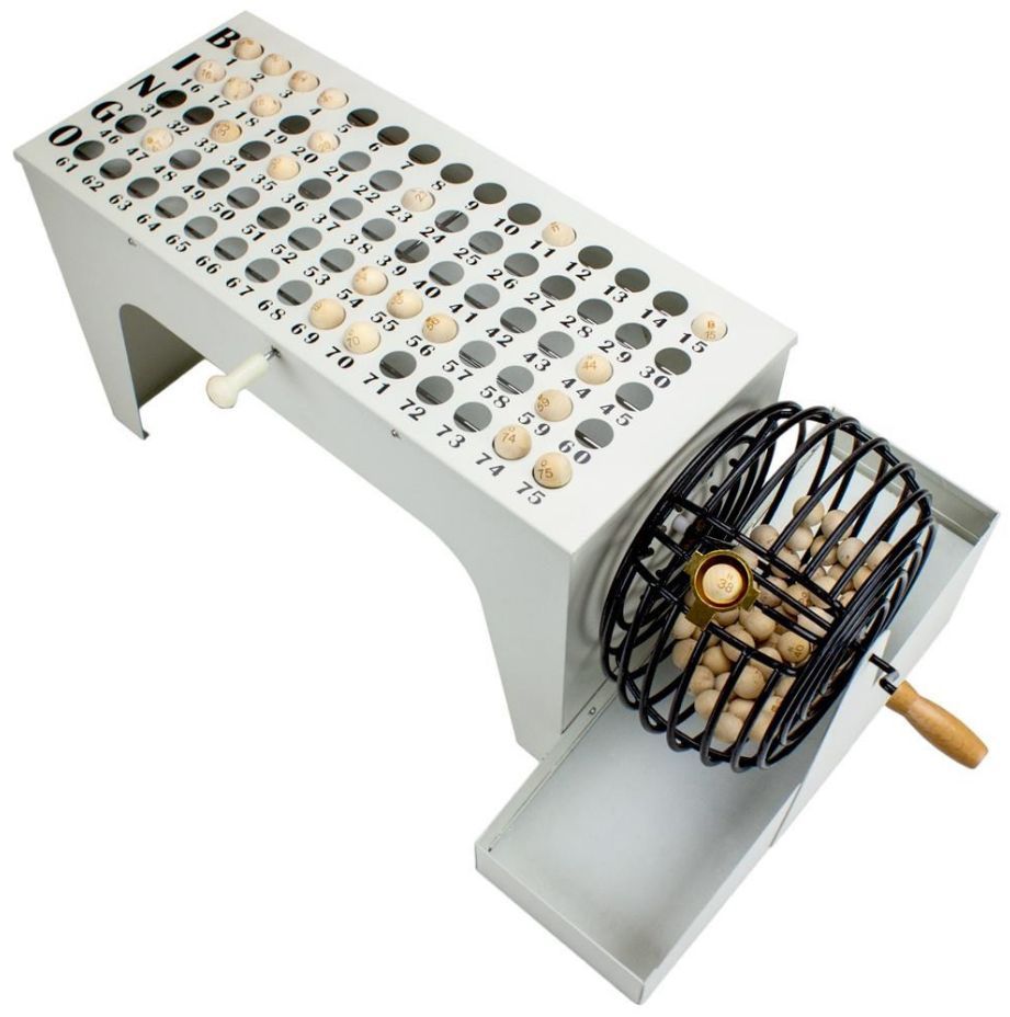 A bingo machine with a cage filled with balls
