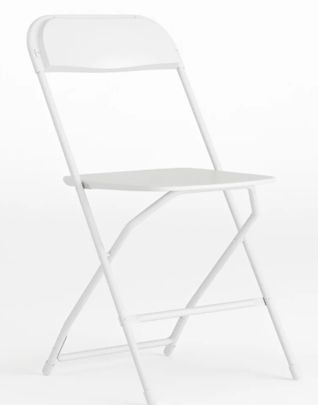 A white folding chair is sitting on a white surface.