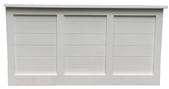 A white cabinet with three doors on a white background.